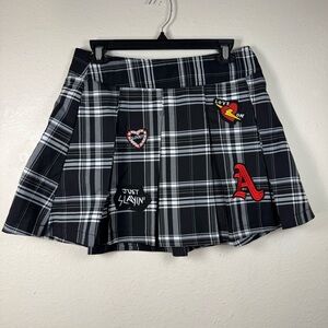 Black White Plaid Pleated Mini Skirt Juniors 7-9 Patches Goth Grunge Academia